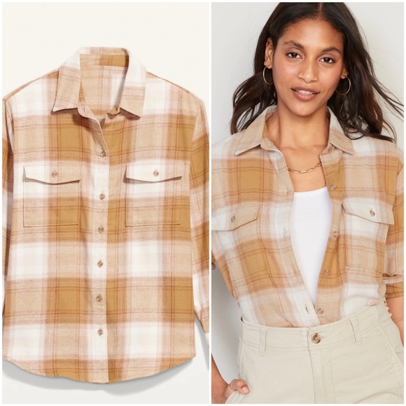 Old Navy Tops - Cream Plaid Flannel Boyfriend Shirt